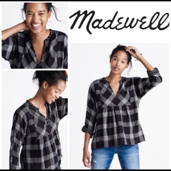 Madewell Tops - 🌸 Madewell Popover Black Plaid Shirt